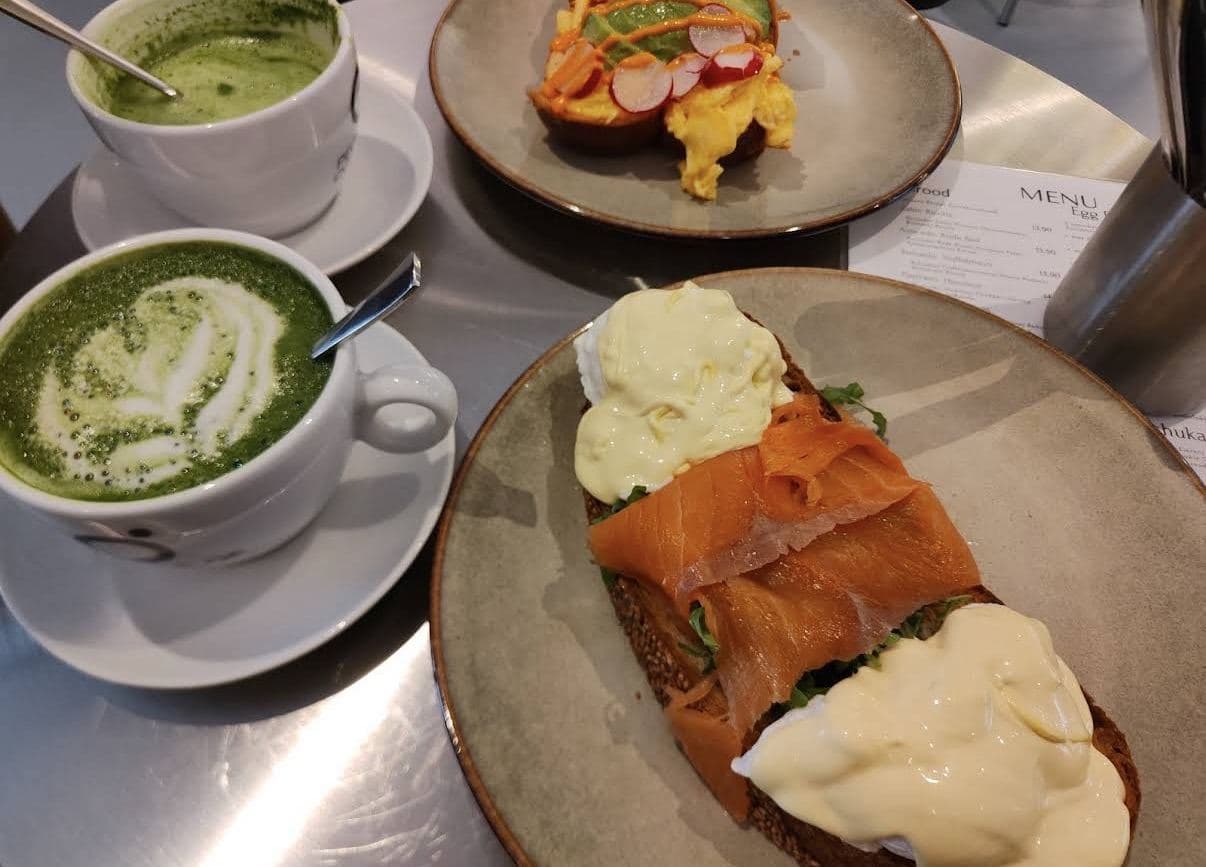 Smoked salmon egg benedict with matcha latte